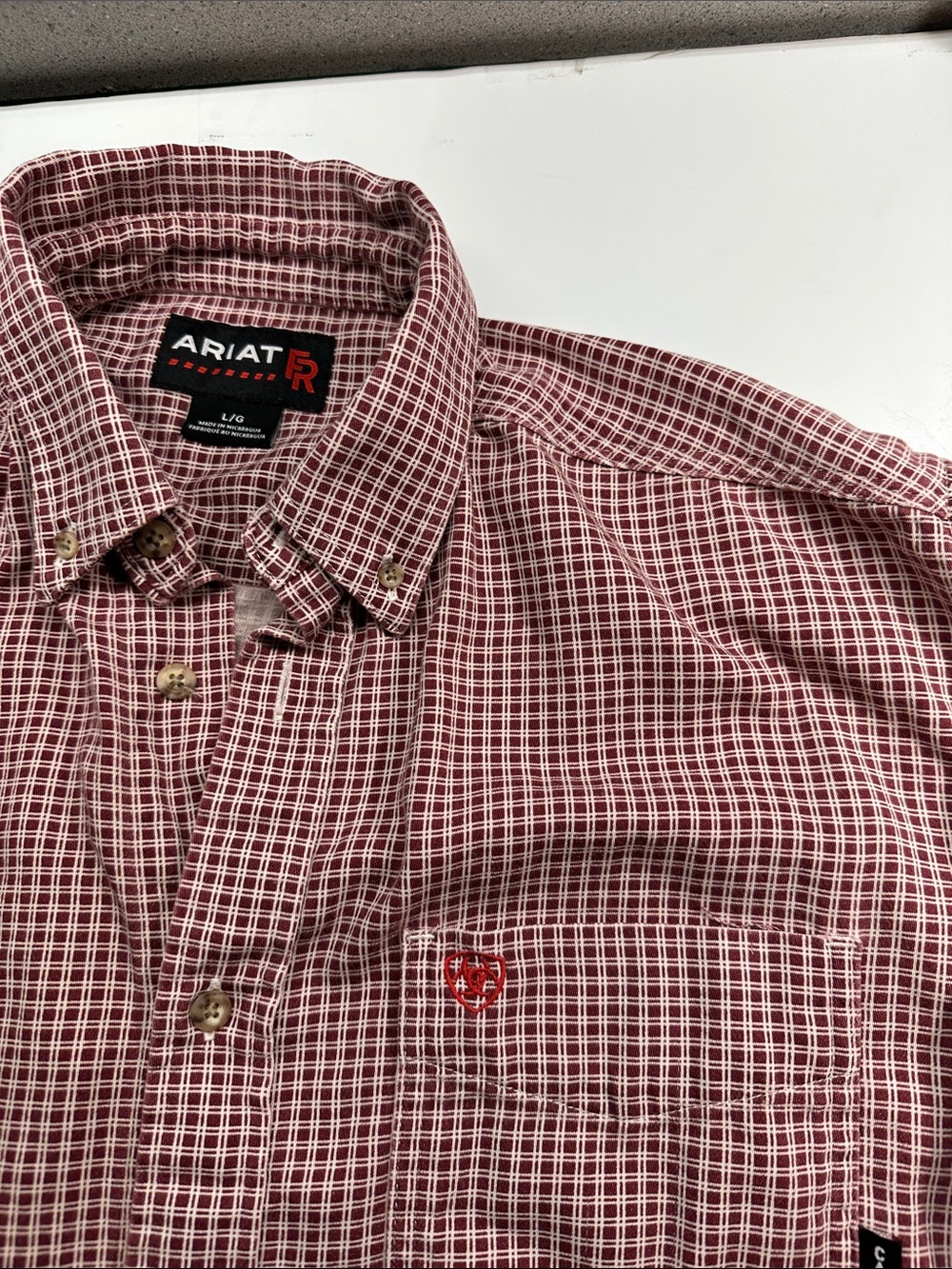 Ariat FR Burgundy Plaid Button Up Shirt, Flame Resistant CAT 2 Cotton Blend L